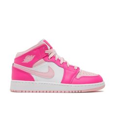 Nike Air Jordans Bright Colored Air Jordans, Nike Air Jordans Pink, Preppy Shoes Jordans, Pink High-top Sneakers With Contrast Sole For Spring, Pink Basketball Shoes For Spring Streetwear, Nike Pink High-top Sneakers With Boost Midsole, Sporty Pink Basketball Shoes For Spring, Pink Round Toe Basketball Shoes For Spring, Nike Pink High-top Jordan Shoes