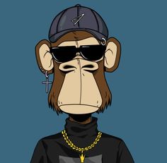 a monkey wearing sunglasses and a hat with a chain on it's neck, standing in front of a blue background