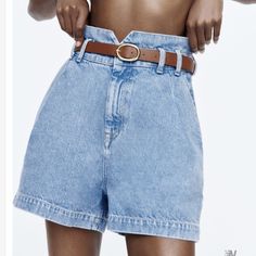 Brand New Without Tag.Waist Is 12.5 Inches. Chic High Waist Denim Shorts, Chic High-waist Denim Shorts, Zara High Rise Bottoms With Belt Loops, Zara Mid-rise Bottoms With Belt Loops, Chic Denim Shorts, Spring High Waist Shorts With Belt Loops, High Waist Shorts With Belt Loops For Spring, Wide Leg Jean Shorts With Belt Loops, Chic High Rise Jean Shorts With Belt Loops