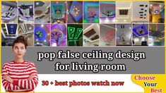 a woman standing in front of a wall with clocks on it and the words pop false ceiling design for living room