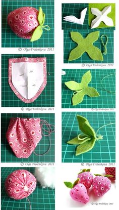 several pictures of different things made out of fabric and paper on a cutting board with scissors