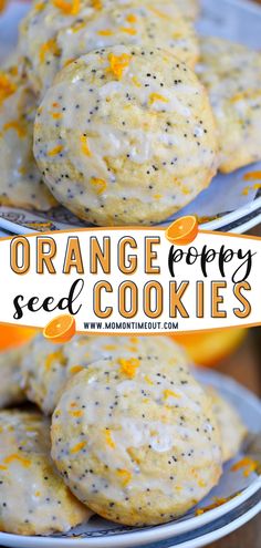 orange poppy seed cookies on two plates with the title in the middle and bottom photo