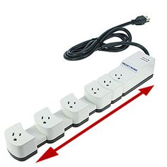 an electrical outlet with four outlets connected to each other and two red arrows pointing towards them