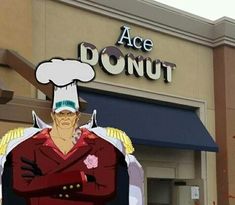 a cartoon character standing in front of a donut shop with his arms folded out