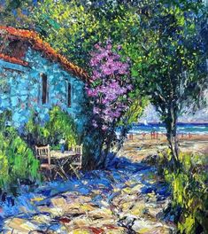 an oil painting of a blue house by the water with trees and flowers around it