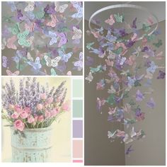 three different pictures with flowers and butterflies hanging from the ceiling