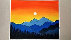 an acrylic painting of mountains and trees with the sun setting in the background