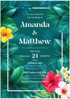 wedding card with tropical leaves and flowers