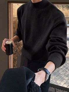 Men's Solid Color Basic Sweater Black Casual  Long Sleeve Knitwear Plain Pullovers Slight Stretch  Men Clothing, size features are:Bust: ,Length: ,Sleeve Length: Gentleman Aesthetic, Classy Outfits Men, Men Stylish Dress, Guys Clothing Styles, Basic Sweaters, Elegante Casual, Men Plus Size, Cool Outfits For Men, The Perfect Guy