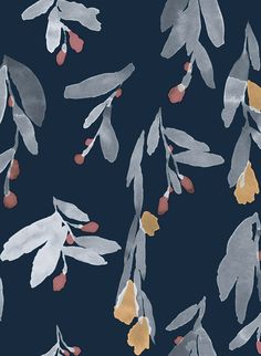 an image of a pattern with leaves and berries on dark blue background for wallpaper