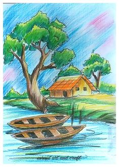 a drawing of a boat in the water with a tree and house in the background