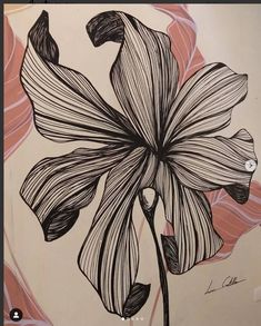 a black and white drawing of a flower on a beige background with pink swirls