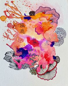 watercolor and ink on paper with flowers in the middle, including pinks and oranges