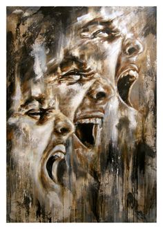 an abstract painting with three screaming men on it's face and one has his mouth open