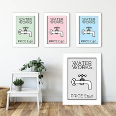 three water works posters are on the wall next to a white chair and potted plant