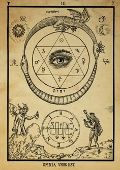 an old book with the symbols for all seeing eyes and other things in it,