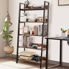 a room with a desk, chair and bookshelf