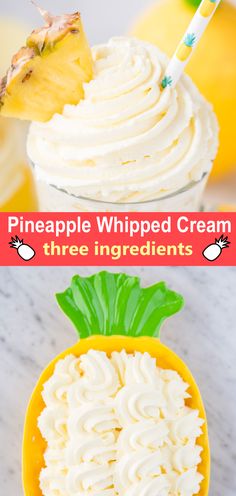 the pineapple whipped cream is in a yellow bowl with a green leaf on top