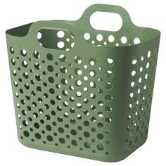 a green plastic basket with holes on the sides and handles, is shown in front of a white background