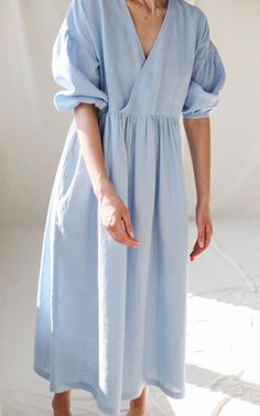 Looks Hippie, Puffy Sleeve Dress, Dress With Puffy Sleeves, Linen Fashion, Midi Shift Dress, Linen Style