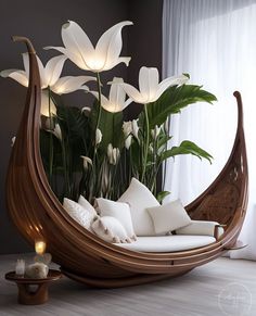 a wooden boat with flowers in the reflection