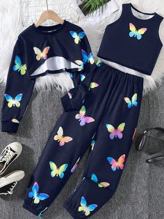 3pcs Tween Girls Fashionable Butterfly Printed Knitwear Long Sleeve Top+Round Neck Sleeveless Top +Pants Set Navy Blue Casual  Three Quarter Length Sleeve Polyester,Knitted Fabric Animal,Butterfly  Non-Stretch  Tween Girls Clothing, size features are:Bust: ,Length: ,Sleeve Length: Casual Outfits For Teens, Cute Dress Outfits, Casual Preppy Outfits, Trendy Outfits For Teens, Quick Outfits, Cute Preppy Outfits, Easy Trendy Outfits, Tween Outfits