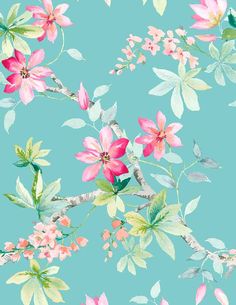 a blue background with pink flowers and green leaves on the top right corner is an image of a branch that has been painted in watercolor