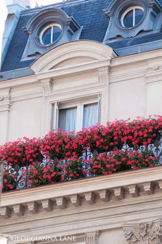 a building with red flowers on the balcony