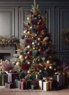 a decorated christmas tree with presents under it