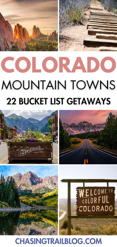 A collage of six photos of mountain towns in Colorado, arranged in a long rectangle, with a white space and black and pink letters that read, "Colorado mountain towns 22 bucket list getaways." Colorado Family Vacation, Cripple Creek Colorado, Lyons Colorado, Colorado Towns, Colorado Travel Guide, Colorado Trip, Colorado Ski, Colorado Summer