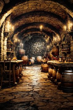 an underground wine cellar filled with lots of barrels