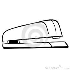 a stapler with clippings on the side, black and white outline drawing