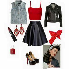 Female Greaser, Greaser Girl Costume, Greaser Girl Outfit, Biker Girl Costume, Girl Greaser Outfit, Greaser Outfit, Grease Outfits, Biker Costume, Greaser Girl