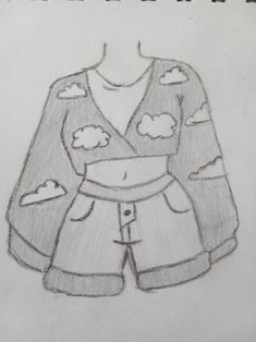 a drawing of a shirt and shorts with clouds on the top, drawn in pencil