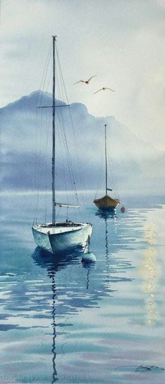 watercolor painting of two sailboats in the ocean