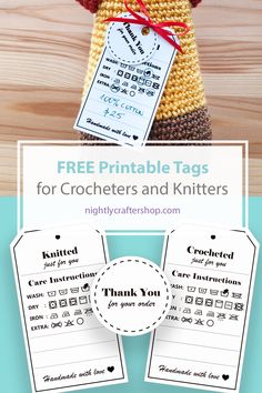 a crocheted bag with the text free printable tags for crocheters and knitters