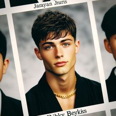 four pictures of a young man with short hair and wearing a gold chain around his neck