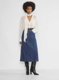 LIMELIGHT MAXI DENIM SKIRT White Denim Maxi Skirt, Long Jean Skirt Outfits, Denim Maxi Skirt Outfit, Maxi Denim Skirt, Midi Denim Skirt, Jean Skirt Outfits, Long Jean Skirt, Mini Pleated Skirt, Maxi Skirt Outfits