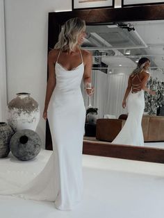 Halter Backless Wedding Dress, Wedding Dresses Halter, Debs Dresses, Spaghetti Strap Wedding Dress, Simple Wedding Dresses, Halter Wedding Dress, White Mermaid, Mermaid Wedding Dresses