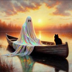 a painting of a cat sitting in a boat with a ghost covering it's face