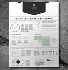 a white and black poster with the words brand identity manual on it