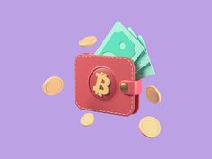 a wallet with bitcoin sticking out of it and some gold coins falling around