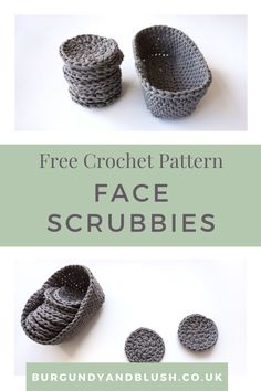 three crochet baskets with text overlay that says free crochet pattern face scrubbies