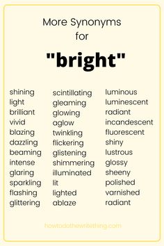 a poster with the words bright and more syonomyms for bright on it