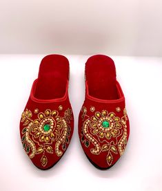 Rhinestones, beads, pearls Embroidered Slippers, Fancy Sandals, Red And Gold, Womens Slippers, Red Velvet, Slippers, Velvet, Women Shoes, Beads