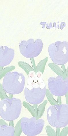 a painting of purple tulips with a white teddy bear in the middle surrounded by green leaves