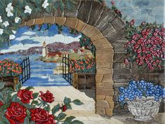 this is a painting of flowers on the outside of a building with an archway leading to a lake