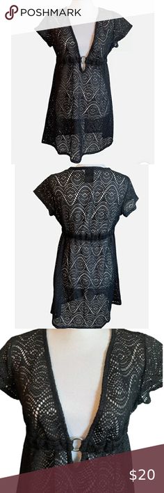 Catalina- Lace Swim Coverup Swim Coverup, V Neckline, Cap Sleeve, Deep V, Black Lace, Cap Sleeves, Silver Ring, Cover Up