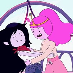 two cartoon characters hugging each other in front of a black background with pink hair and an orange dress