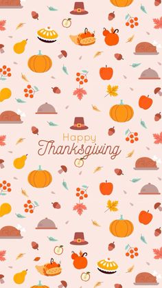 a thanksgiving card with pumpkins, apples and other autumn items on it's pink background